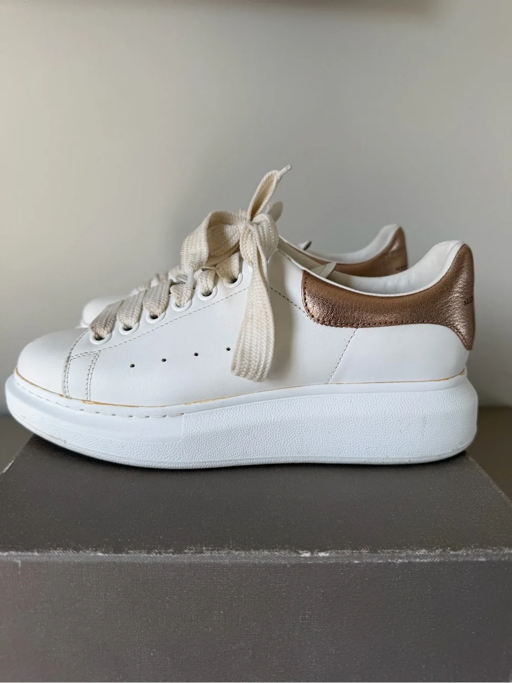 Alexander McQueen White Leather Sneakers with Metallic Rose Heel